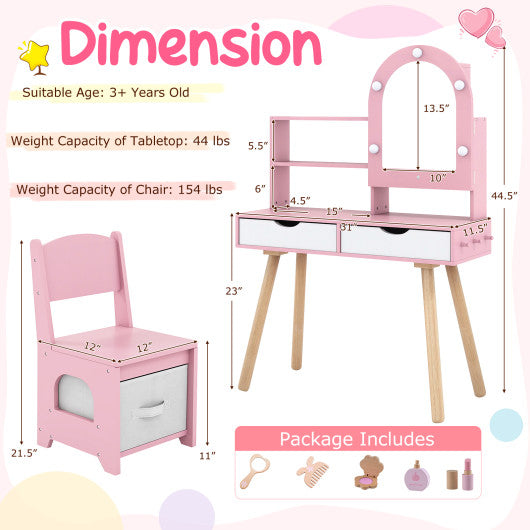 Kids Vanity Set Pretend Play Dressing Table Set with 3-Color Lighting Modes Adjustable Brightness and Mirror Cabinet-Pink