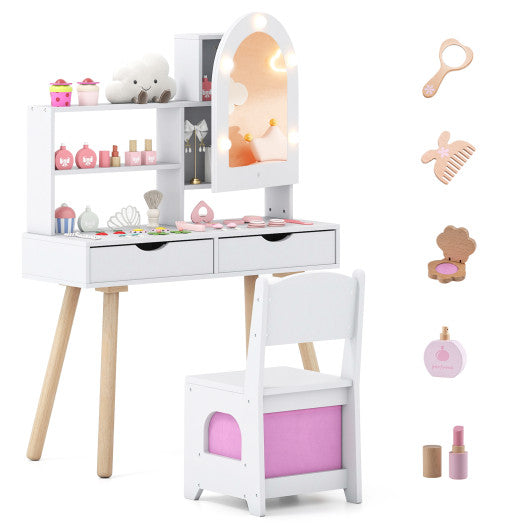 Kids Vanity Set Pretend Play Dressing Table Set with 3-Color Lighting Modes Adjustable Brightness and Mirror Cabinet-White