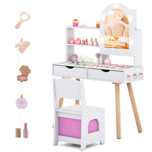Kids Vanity Set Pretend Play Dressing Table Set with 3-Color Lighting Modes Adjustable Brightness and Mirror Cabinet-White