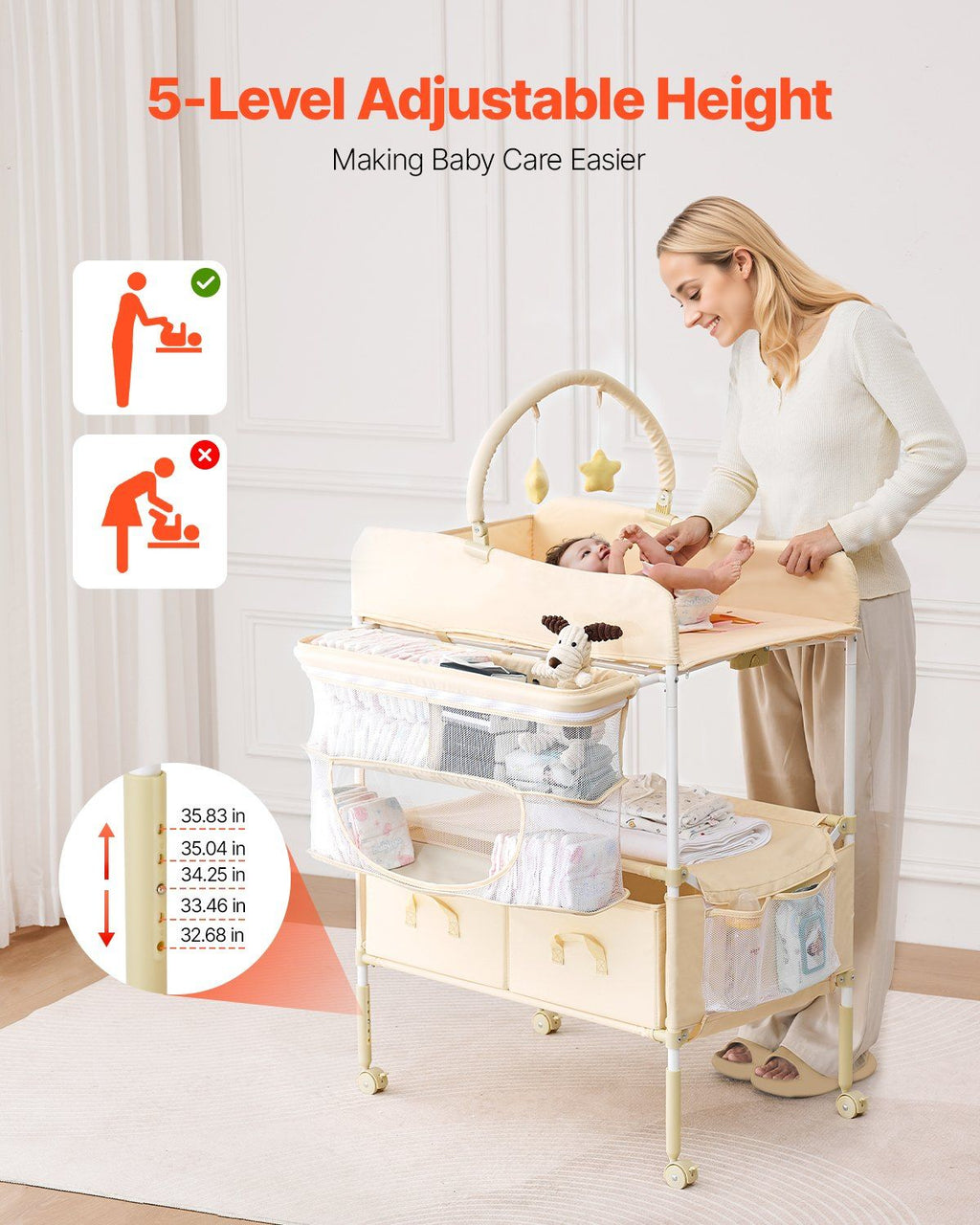 Baby Changing Table, Foldable Diaper Change Station with 2 Fabric Drawers, Side Basket & Hanging Rod, Adjustable Height Portable Changing Table with Lockable Wheels & 2 Star Toys, Light Beige