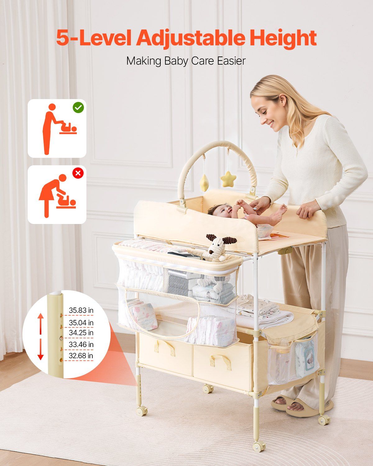 Baby Changing Table, Foldable Diaper Change Station with 2 Fabric Drawers, Side Basket & Hanging Rod, Adjustable Height Portable Changing Table with Lockable Wheels & 2 Star Toys, Light Beige