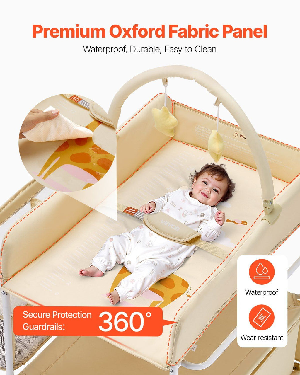 Baby Changing Table, Foldable Diaper Change Station with 2 Fabric Drawers, Side Basket & Hanging Rod, Adjustable Height Portable Changing Table with Lockable Wheels & 2 Star Toys, Light Beige