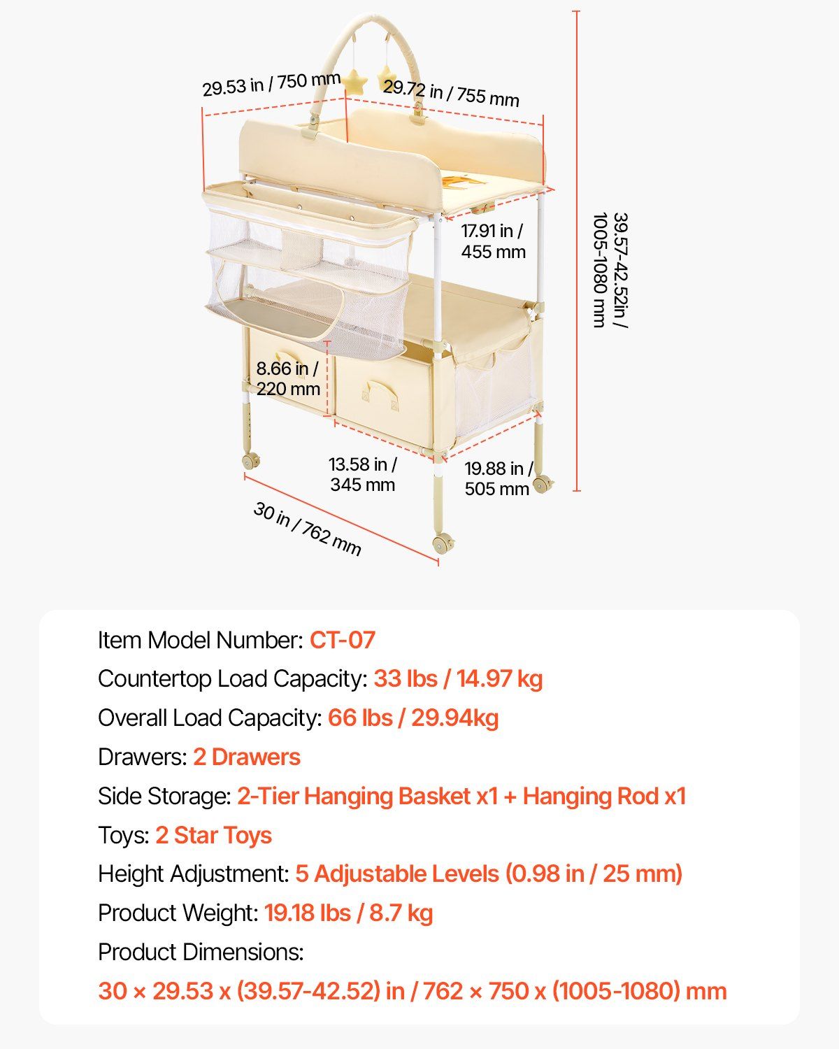 Baby Changing Table, Foldable Diaper Change Station with 2 Fabric Drawers, Side Basket & Hanging Rod, Adjustable Height Portable Changing Table with Lockable Wheels & 2 Star Toys, Light Beige