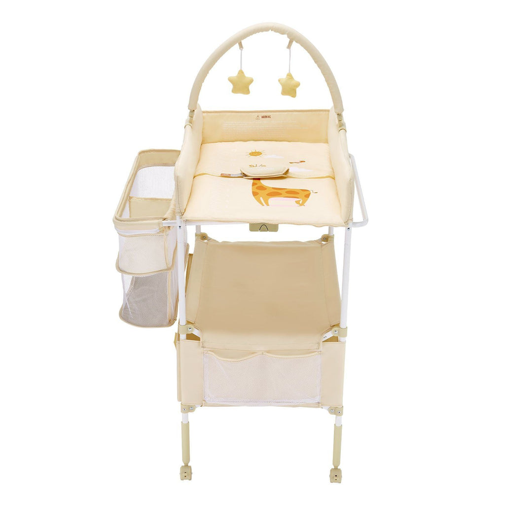 Baby Changing Table, Foldable Diaper Change Station with 2 Fabric Drawers, Side Basket & Hanging Rod, Adjustable Height Portable Changing Table with Lockable Wheels & 2 Star Toys, Light Beige