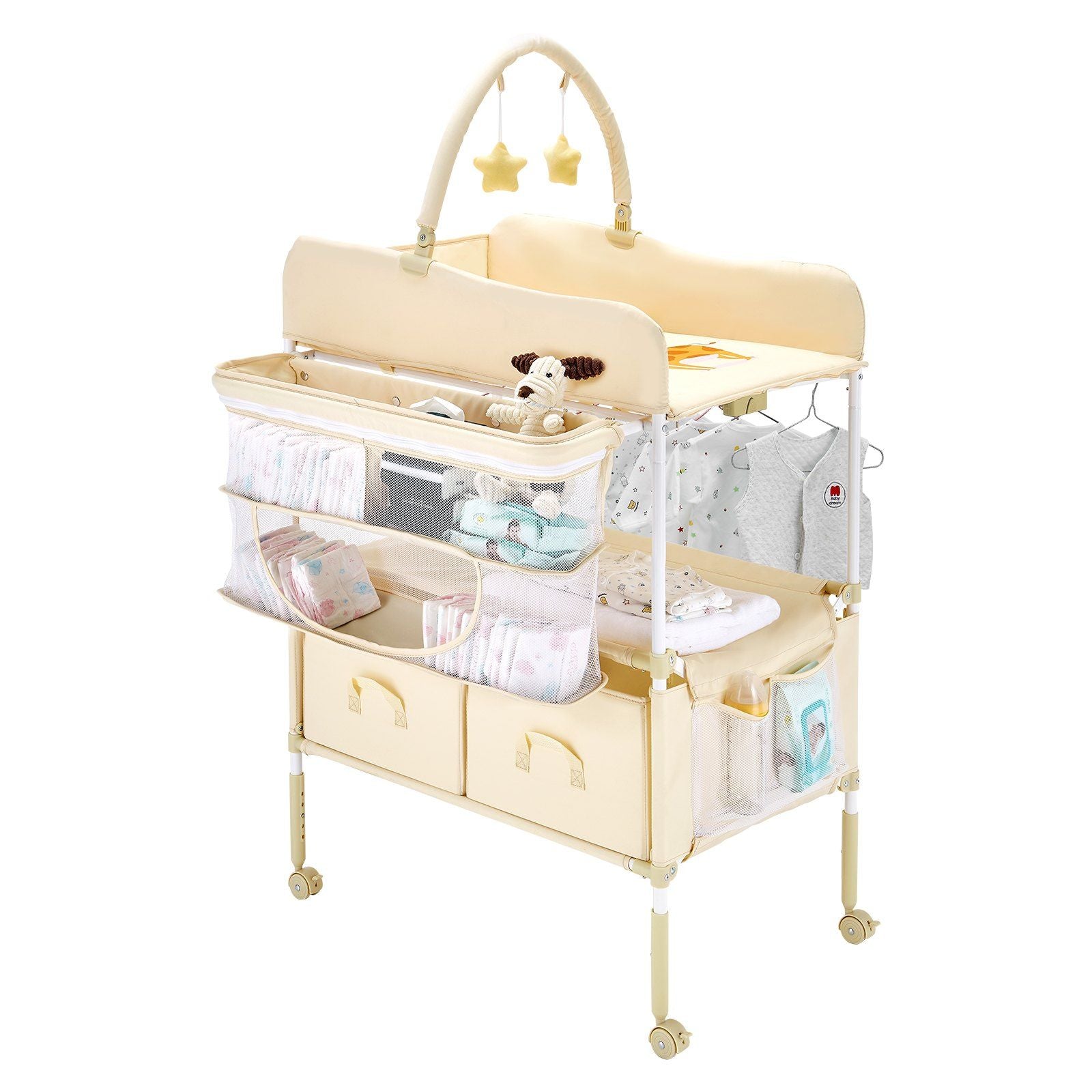 Baby Changing Table, Foldable Diaper Change Station with 2 Fabric Drawers, Side Basket & Hanging Rod, Adjustable Height Portable Changing Table with Lockable Wheels & 2 Star Toys, Light Beige
