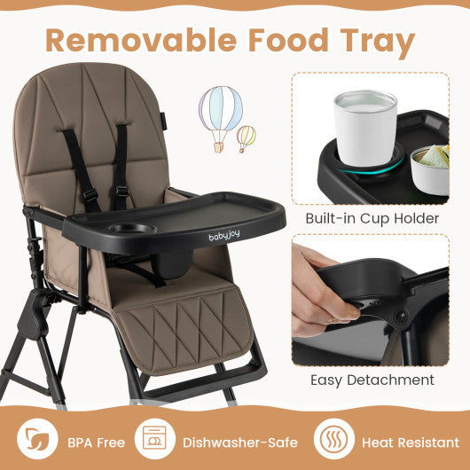 Easy Clean Compact Highchair with Removable Adjustable Tray and PU Seat Cushion-Brown