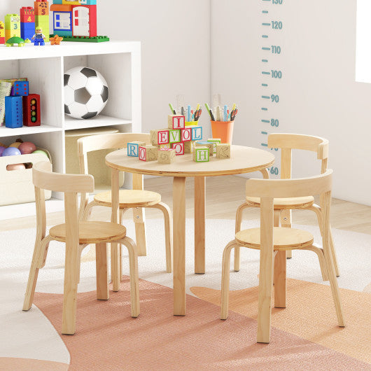 5-Piece Kids Toddler Wooden Curved Back Activity Table and Chair Set with Toy Bricks